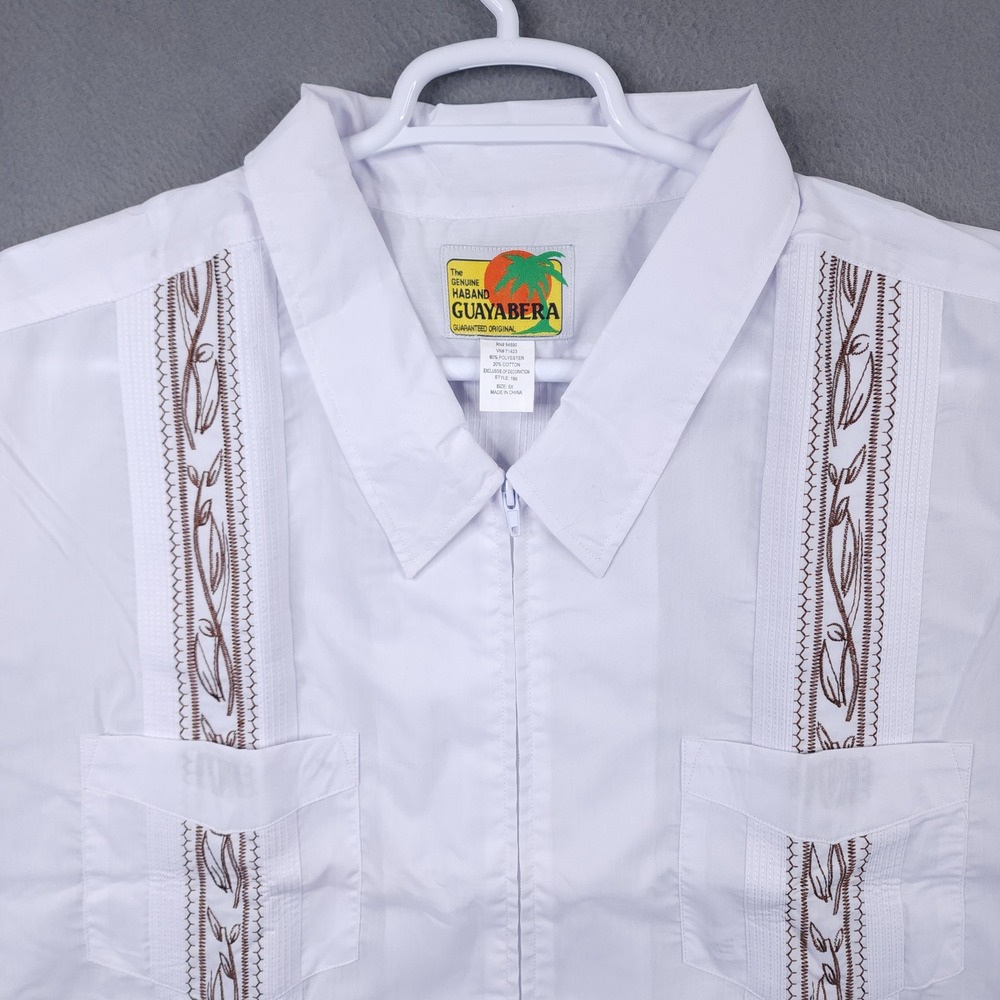 Haband Guayabera Shirt Mens 5X White Short Sleeve Zip Front Embroidered Mexican